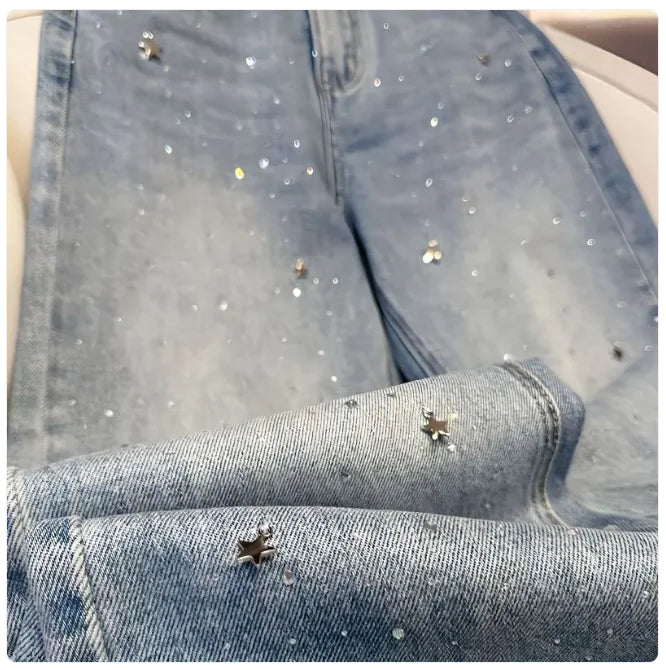 Jeans droits à taille haute et strass