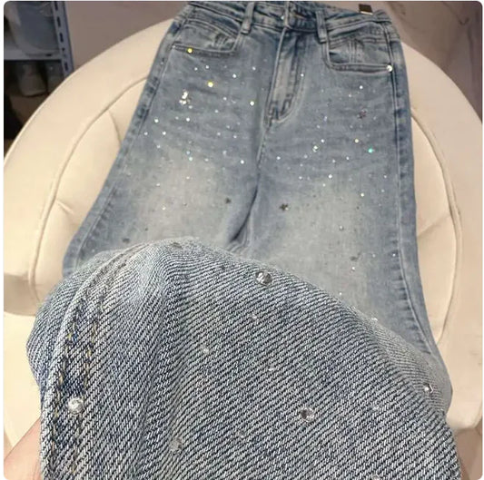 Jeans droits à taille haute et strass