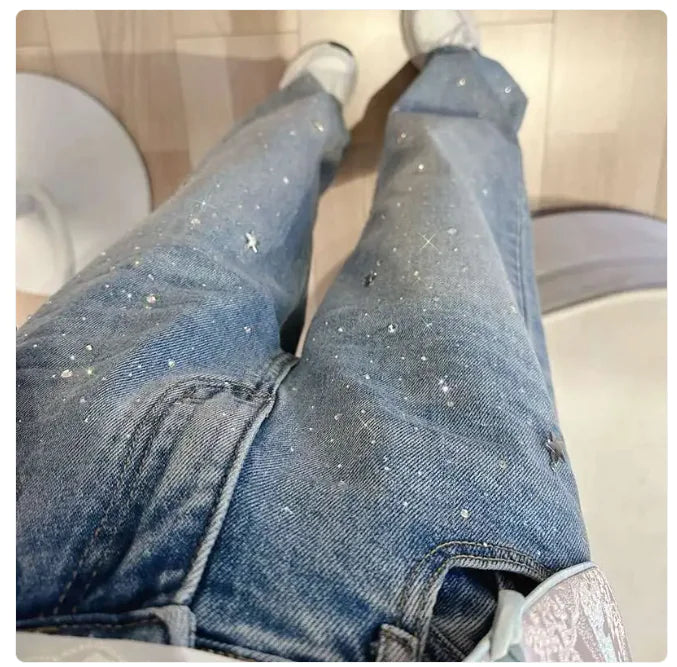 Jeans droits à taille haute et strass